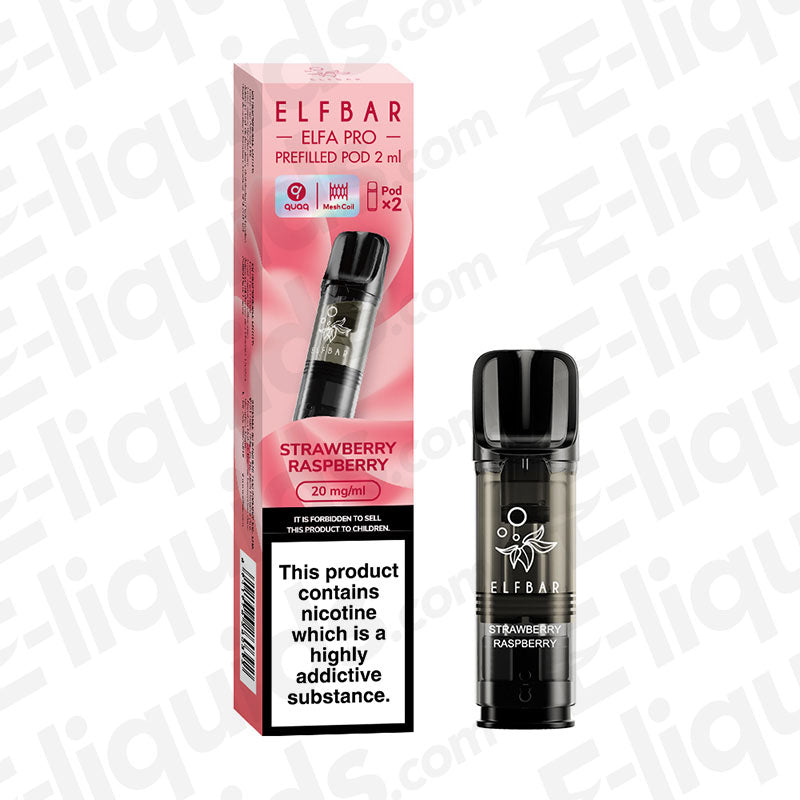 Elf Bar ELFA PRO Pre-Filled Vape Pods in Strawberry Raspberry flavor displayed with packaging.