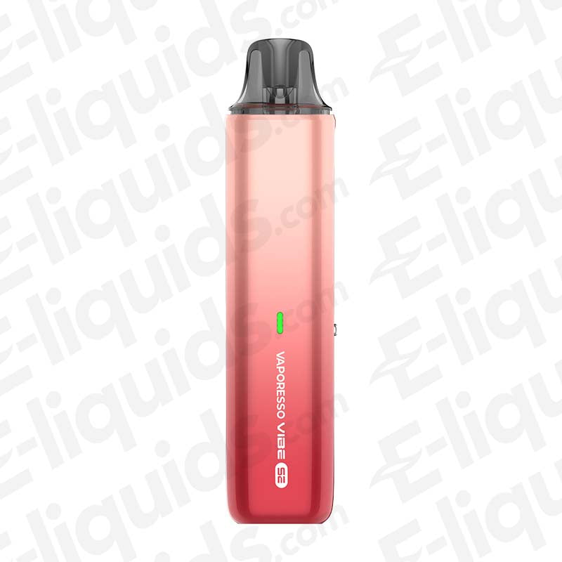 Vaporesso Vibe SE Strawberry Red Pod Kit slim red pod vape device with black mouthpiece, LED indicator and side-fill design.
