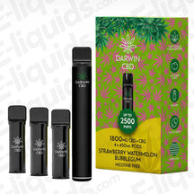 Darwin CBD+CBG 1800mg Strawberry Watermelon Bubblegum Prefilled Pod Kit with 4 x 450mg pods and a rechargeable 500mAh device.