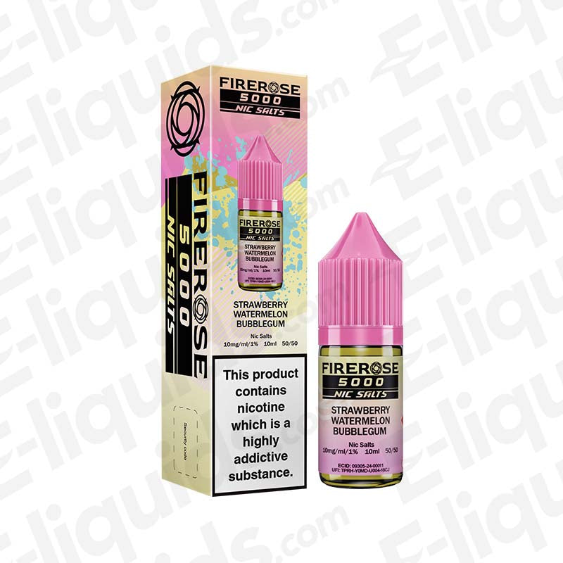 Strawberry Watermelon Bubblegum Firerose 5000 Nic Salt E-liquid by Elux in pink bottle packaging.