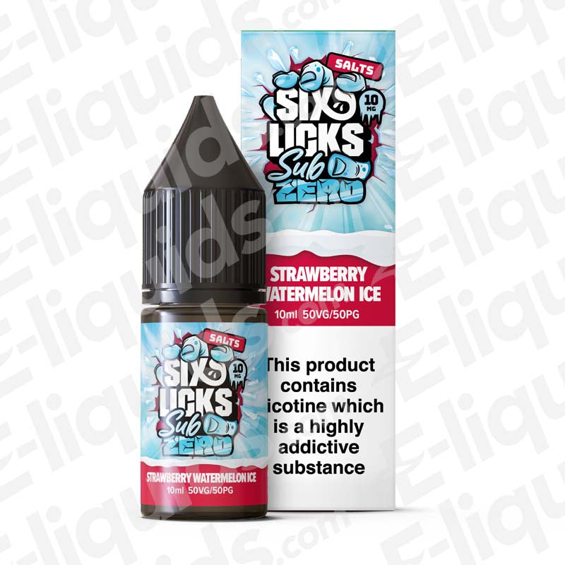 Strawberry Watermelon Ice Nic Salt E-liquid by Six Licks Sub Zero in a 10ml bottle with packaging.