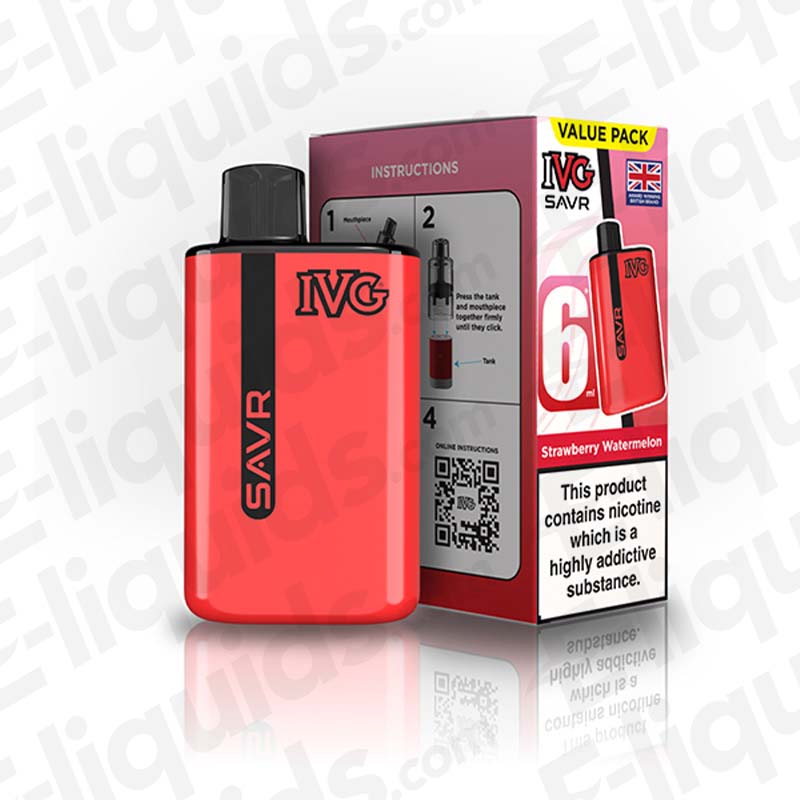 IVG SAVR Prefilled Pod Kit in red color with Strawberry Watermelon flavor packaging, showcasing sleek design and instructions.