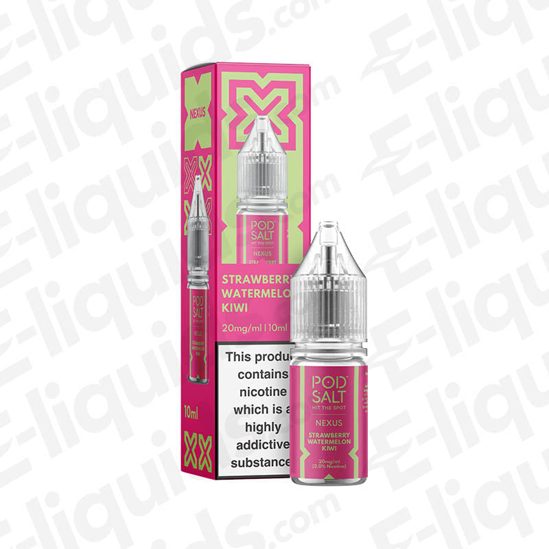 Pod Salt Nexus Strawberry Watermelon Kiwi Nic Salt E-liquid 10ml bottle with box, 20mg/ml nicotine.