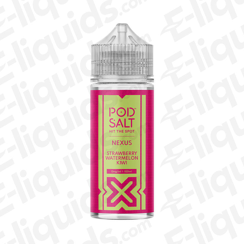 Pod Salt Nexus Strawberry Watermelon Kiwi Shortfill E-liquid bottle showcasing refreshing tropical flavors.
