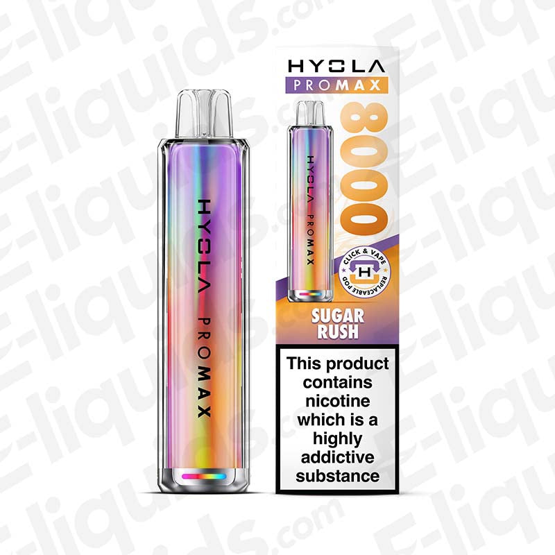 Hyola Pro Max 8000 Sugar Rush vaping pod kit with 20mg strength and 1800mAh battery, featuring sleek design and compliance seal.
