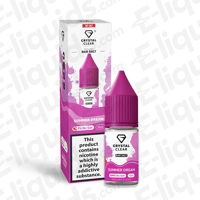 Crystal Clear Summer Dream Nic Salt 10mg e-liquid with tropical fruit flavors in pink bottle packaging.