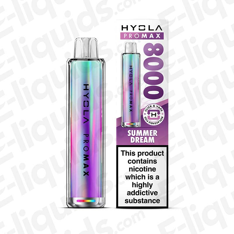 Hyola Pro Max 8000 Summer Dream pre-filled pod kit, 20mg strength, 8000 puffs, 1800mAh battery, sleek design on e-liquids background.
