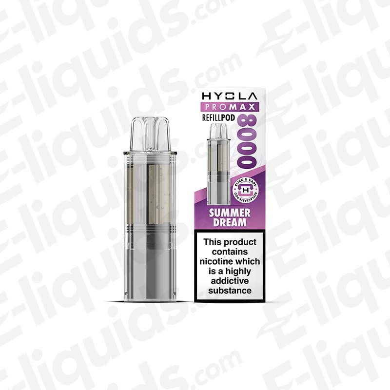 Hyola Pro Max 8000 Summer Dream Prefilled Pod, 20mg, 8000 puffs, shown with packaging, TPD compliant vaping product.