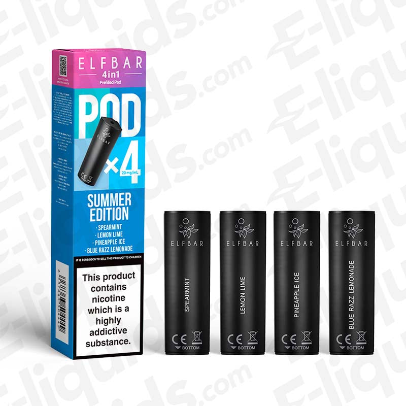 Elf Bar 4-in-1 Summer Edition Vape Pods with spearmint, lemon lime, pineapple ice, and blue razz lemonade flavors, 1200 puffs each.