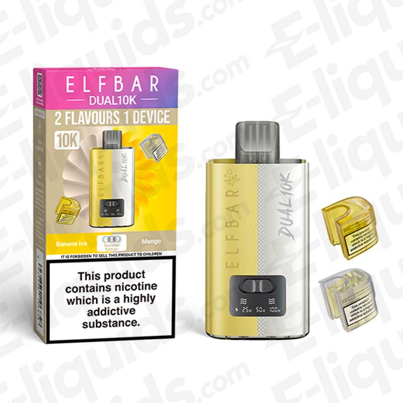 Elf Bar Dual 10K Disposable Vape Kit with banana ice and mango flavours, dual-tank system, and refill pods.