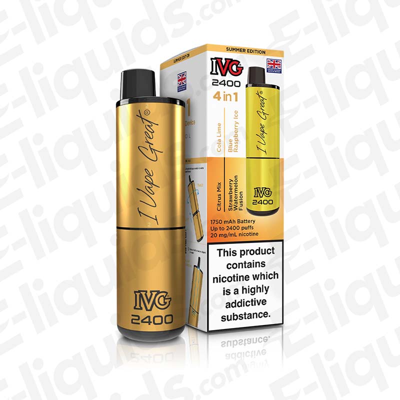 IVG 2400 4-in-1 Rechargeable Pod Kit Summer Edition with sleek design and fast charging, includes four flavored 20mg nic salt pods.