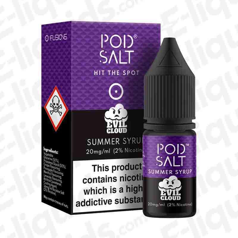 Pod Salt Summer Syrup Nic Salt E-liquid bottle and box featuring grape soda, limeade, pineapple, and lemon flavors.