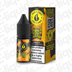 Juice N Power Surge Mango Medley Nic Salt E-liquid bottle and packaging with mango and peach flavors.