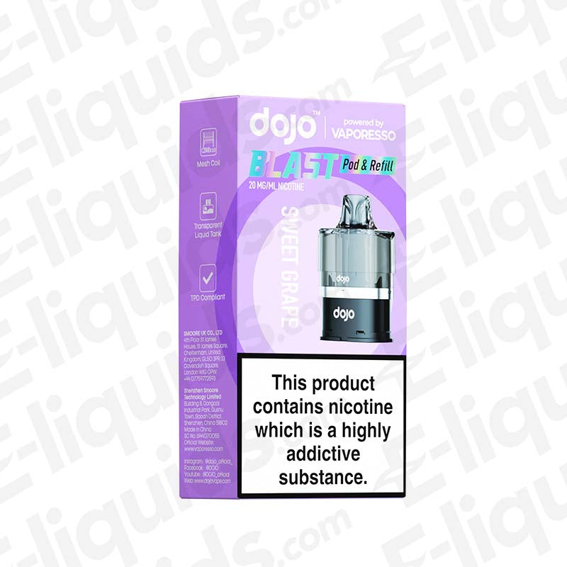 Vaporesso Dojo Blast 6000 Prefilled Replacement Pod packaging with 20mg nicotine warning for e-liquid refills.