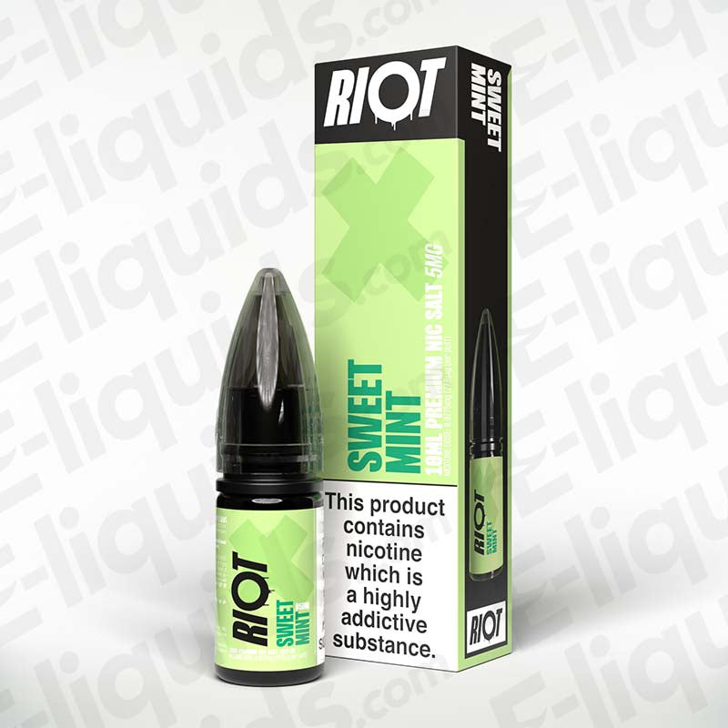 Sweet Mint Nic Salt E-Liquid by Riot X in 10ml bottle with minty flavor profile.
