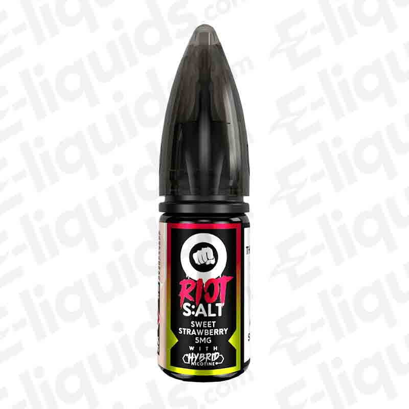 Riot Squad Sweet Strawberry Hybrid Salt E-liquid 10ml bottle with 5mg nicotine strength and vibrant packaging.