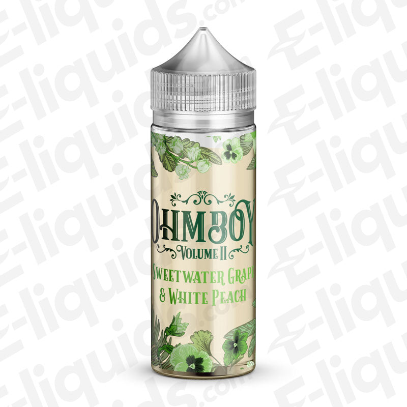 Ohm Boy Vol II Sweetwater Grape & White Peach Shortfill E-liquid bottle with green floral design.