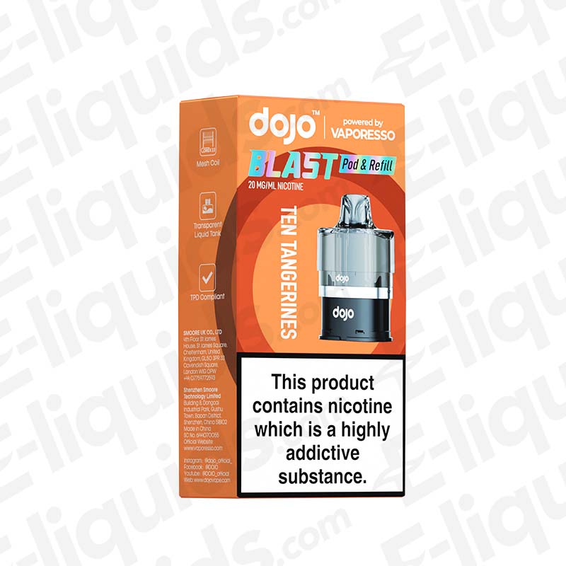 Vaporesso Dojo Blast 6000 prefilled replacement pods in tangerine flavor packaging, featuring nicotine warning label.