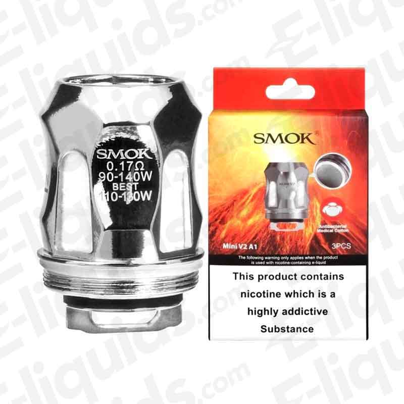Smok TFV-Mini V2 Replacement Vape Coils in packaging, 3-pack, suitable for sub-ohm vaping with high VG e-liquids.