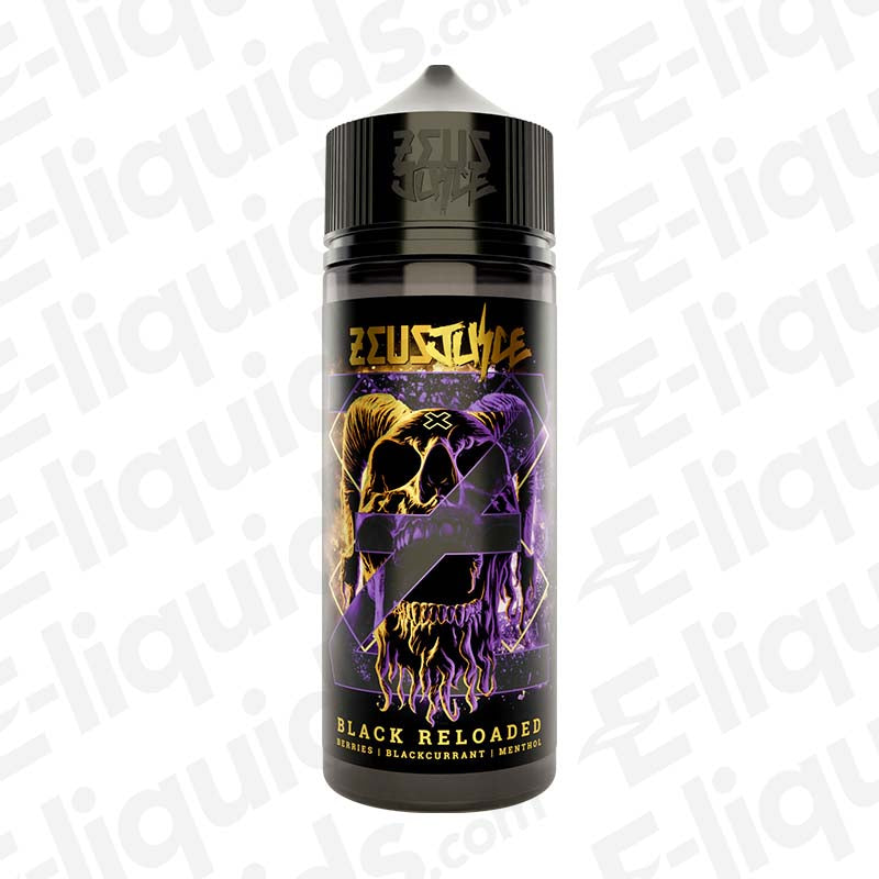 Zeus Juice Black Reloaded 70/30 1100ml Shortfill Vape Juice 0mg with a black label with neon skull artwork in purple and gold.