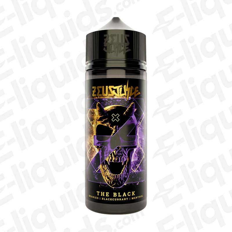 Zeus Juice The Black 70/30 100ml Shortfill Vape Juice 0mg in black bottle with purple skull label and gold accents