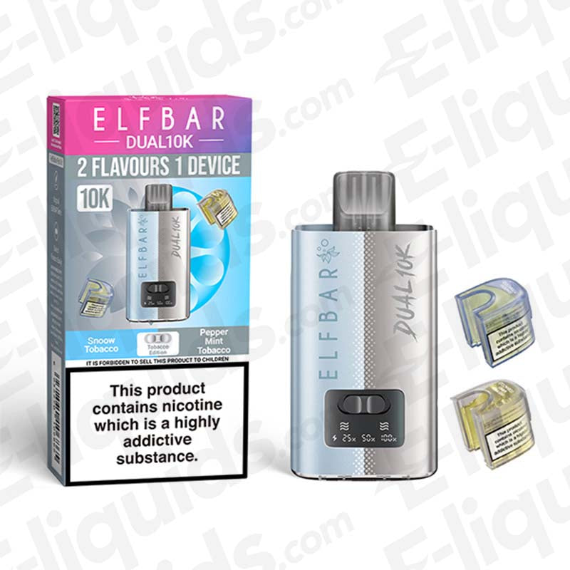 Elf Bar Dual 10K Disposable Vape Kit with 2 flavors, innovative design and dual tank system.
