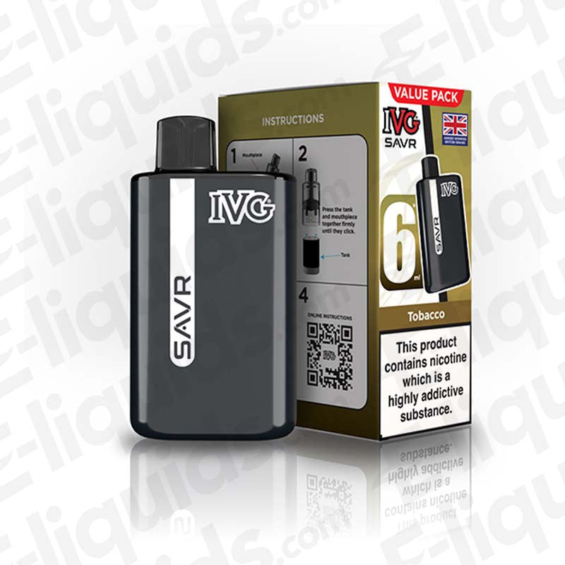 IVG SAVR Prefilled Pod Kit in sleek design with tobacco flavor, includes user instructions and nicotine warning.