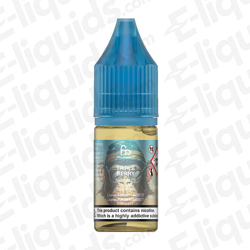 Triple Berry RandM Nic Salt E-liquid by Fumot in a 10ml bottle, featuring sweet berries for MTL vaping.