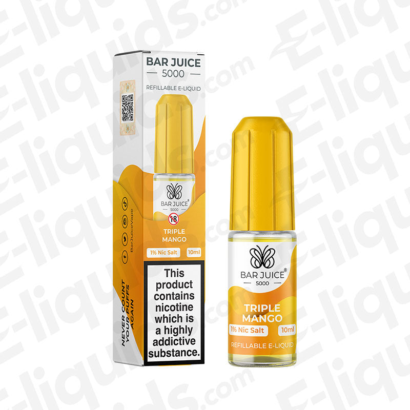 Triple Mango Nic Salt E-liquid by Bar Juice 5000 in a 10ml bottle, perfect for all-day vaping with rich mango flavor.