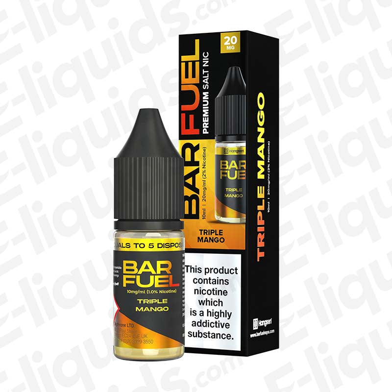 Triple Mango Nic Salt E-liquid by Bar Fuel in a 10ml bottle, featuring tropical mango flavor and 20mg nicotine.