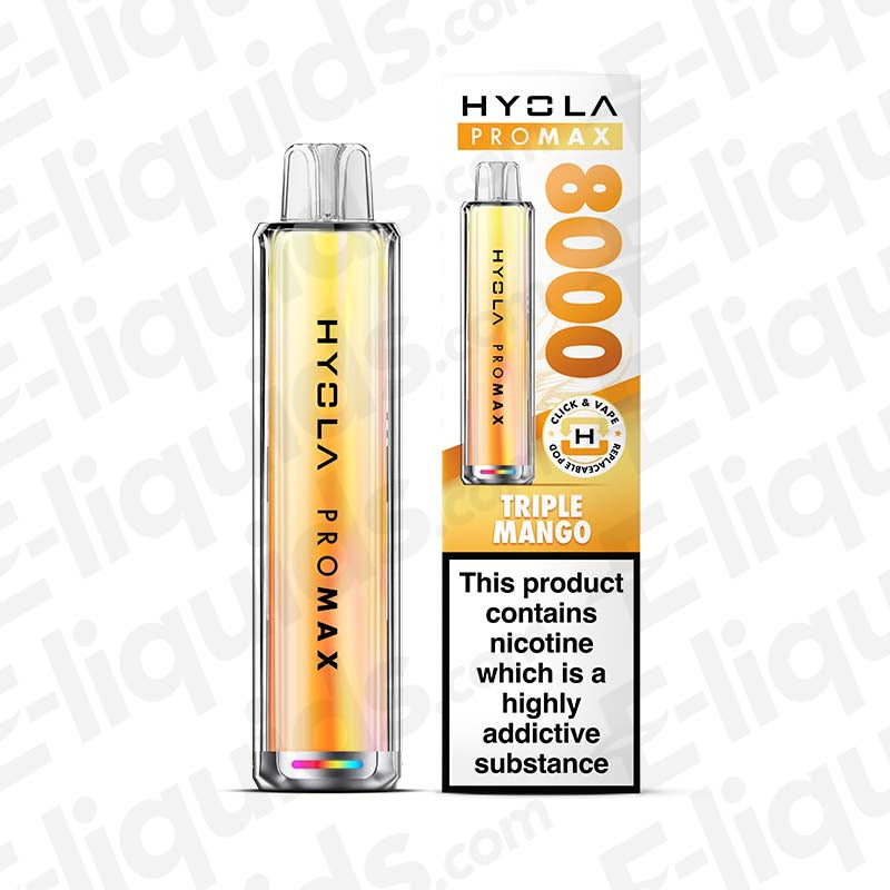 Hyola Pro Max 8000 Triple Mango Pod Kit with 20mg nicotine, 8000 puffs, and 1800mAh battery, displayed with sleek packaging.