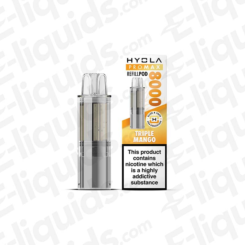 Hyola Pro Max 8000 Triple Mango Prefilled Pod, 20mg, 8000 puffs, 2ml capacity, sleek design, TPD compliant vaping product.