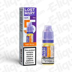 Lost Mary Nic Salt Vape Juice Triple Mango bottle and packaging featuring 5mg strength and 10ml size for pod kits.