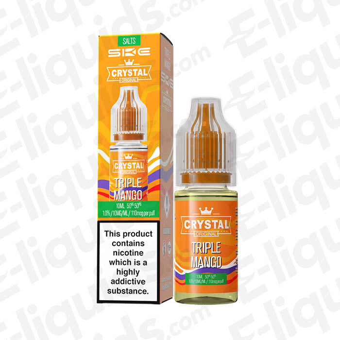 Bottles of SKE Crystal Triple Mango Nic Salt E-liquid with packaging, featuring vibrant mango-themed design.