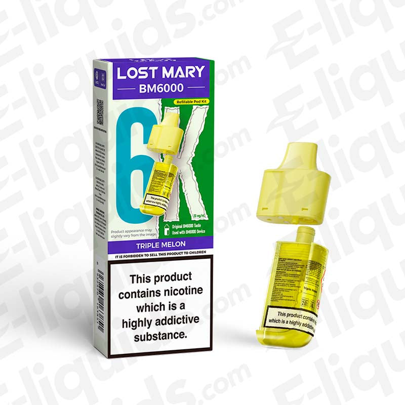 Lost Mary BM6000 Triple Melon Prefilled Pod displayed with packaging, offering 6000 puffs and a unique design, nicotine warning visible.