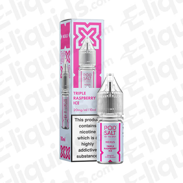 Pod Salt Nexus Triple Raspberry Ice Nic Salt E-liquid 10ml bottle and box with raspberry flavor and nicotine warning.
