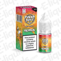 Tropical Nic Salt E-liquid by Pukka Juice in 10ml bottle, combining kiwi, watermelon, and fruit flavors.