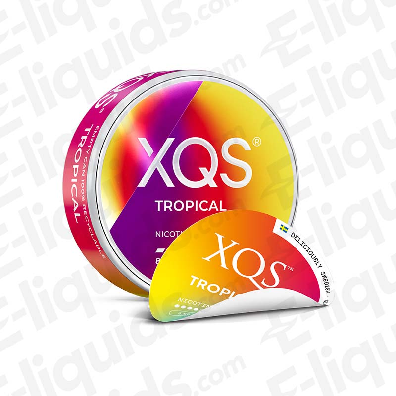 XQS Tropical Nicotine Pouches with an exotic blend of Pineapple, Mango, and Passionfruit in pink and orange packaging.