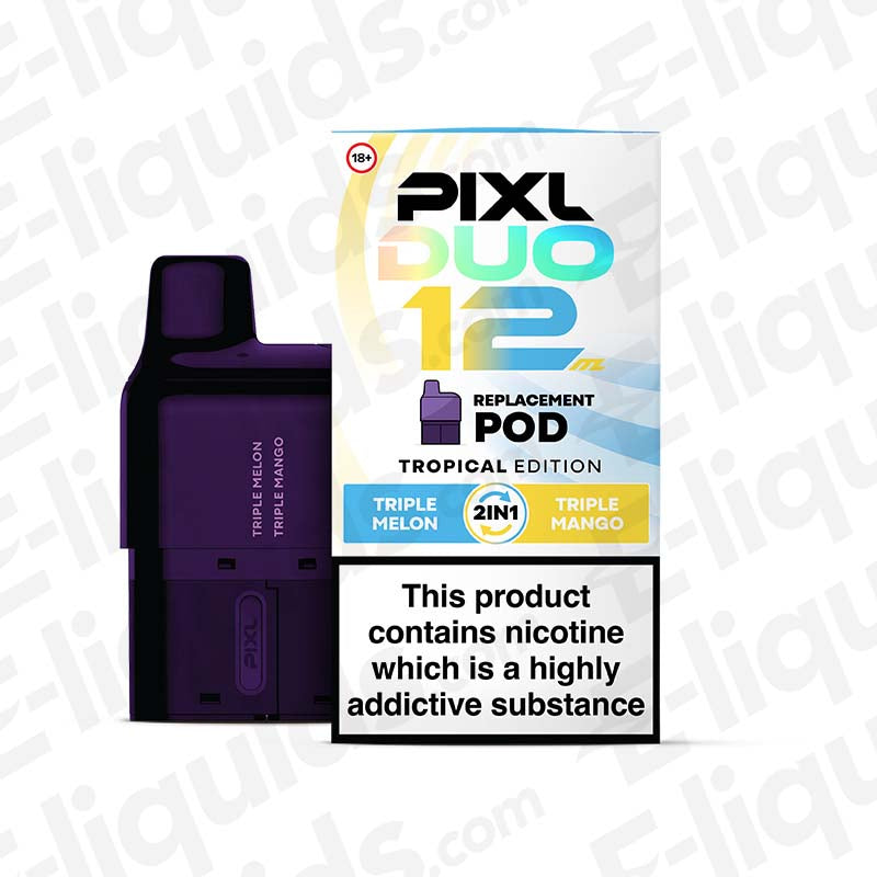 Tropical Edition PIXL Duo 12 Prefilled Pod featuring mango and melon flavors in a sleek design.