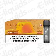 Elf Bar ELFA Pre-Filled Vape Pods Tropical Fruit packaging, showing 2ml pods with 20mg nicotine salt and mesh coil technology.