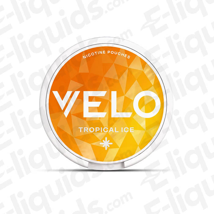 VELO Tropical Ice nicotine pouches packaging featuring a vibrant orange design and bold lettering.