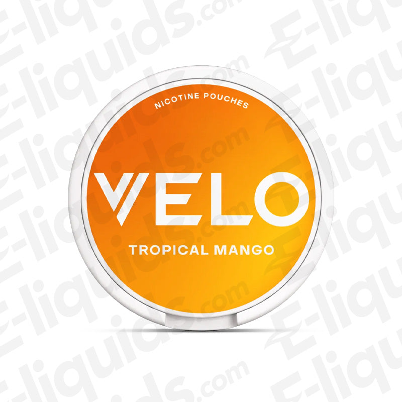 VELO Tropical Mango nicotine pouches can with a vibrant orange design featuring the brand name and product type.