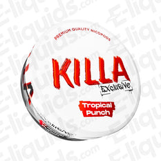 Killa Tropical Punch Exclusive nicotine pouch can featuring tropical fruit flavor and premium quality. 16.5mg/g nicotine.