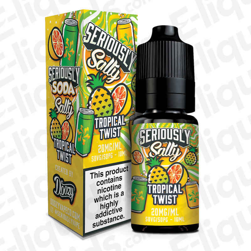 Tropical Twist Seriously Soda Nic Salt by Doozy Vape Co with pineapple, grapefruit, and pomelo flavors in 10ml bottle, 20mg nicodefinitive