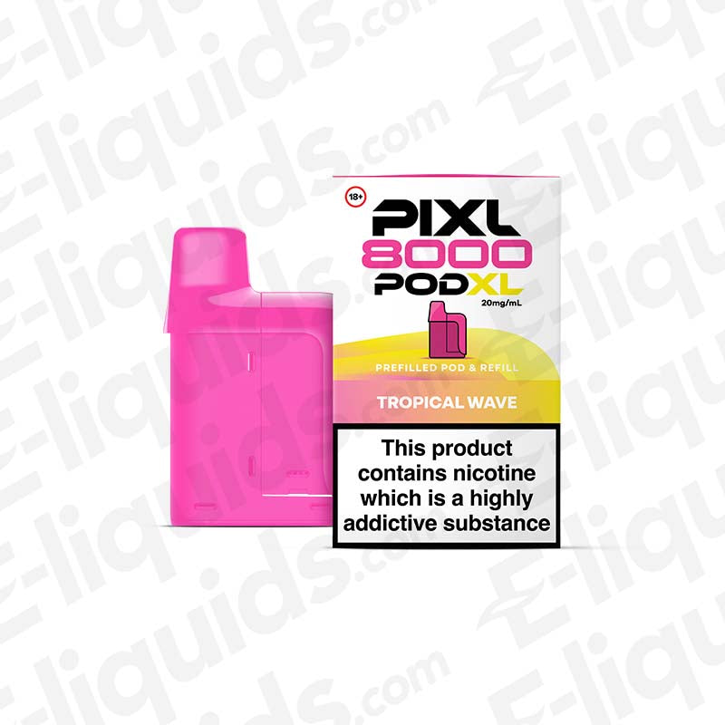 PIXL 8000 Tropical Wave Prefilled Pod with 20mg nicotine strength displayed on packaging, highlighted in pink and yellow design.