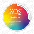 XQS Tropical nicotine pouches, 8mg strength, featuring vibrant fruit-inspired packaging, ideal for fruity flavor enthusiasts.