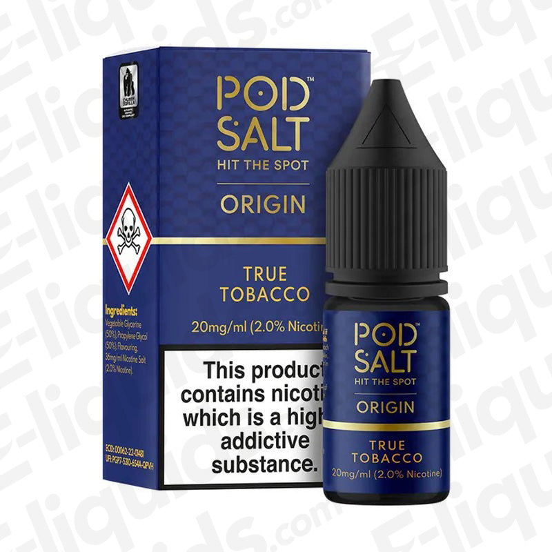 True Tobacco Nic Salt E-liquid by Pod Salt Origin in a 10ml bottle with 20mg nicotine strength, showcasing rich tobacco flavor.