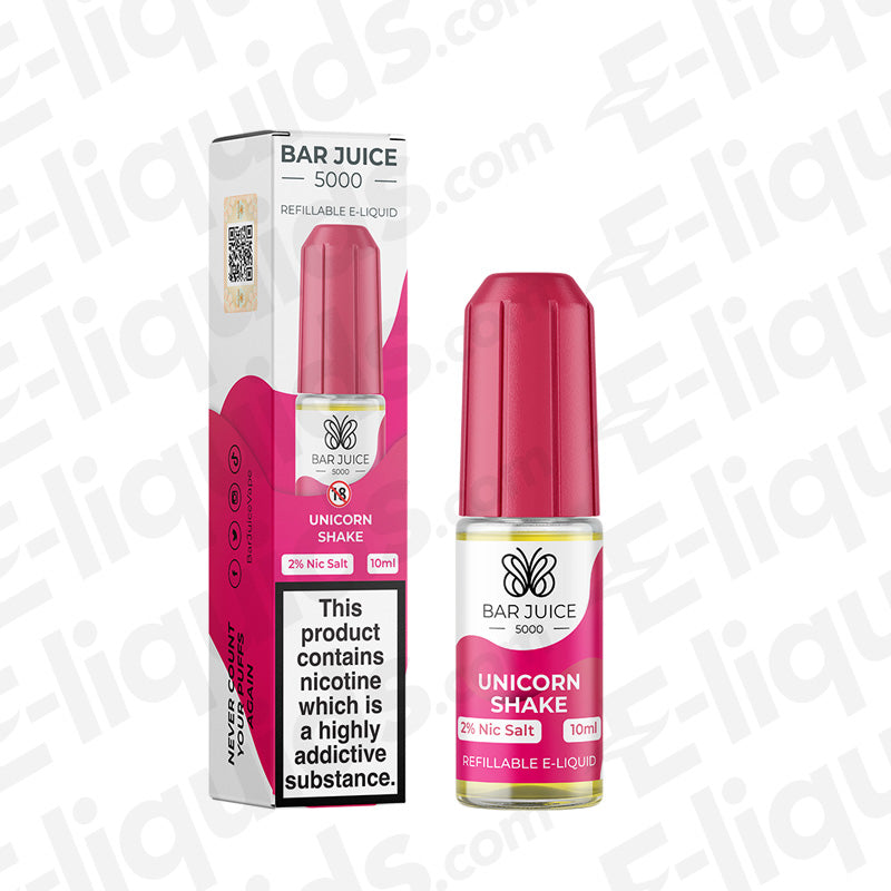 Unicorn Shake Nic Salt E-liquid by Bar Juice 5000 in a 10ml bottle with fruity vanilla flavors.