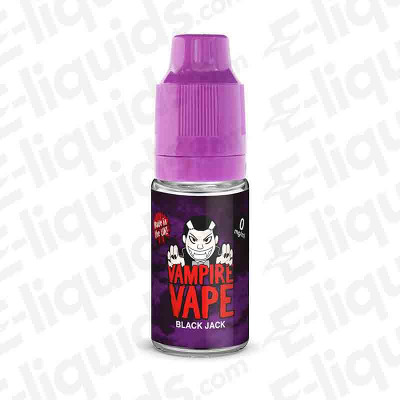 Vampire Vape Blackjack 60/40 10ml E-liquid bottle, featuring sweet liquorice and aniseed flavors, suitable for pod kits.