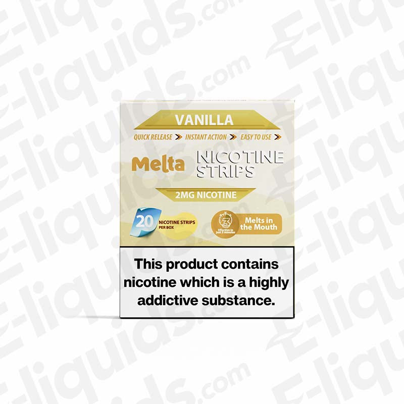 Vanilla MELTA Nicotine Strips packaging with 2mg nicotine, featuring 20 strips for smoke-free use.